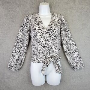 1 State Top Womens XS Black Animal Print Cropped Faux Wrap Peasant Boho Chic Top